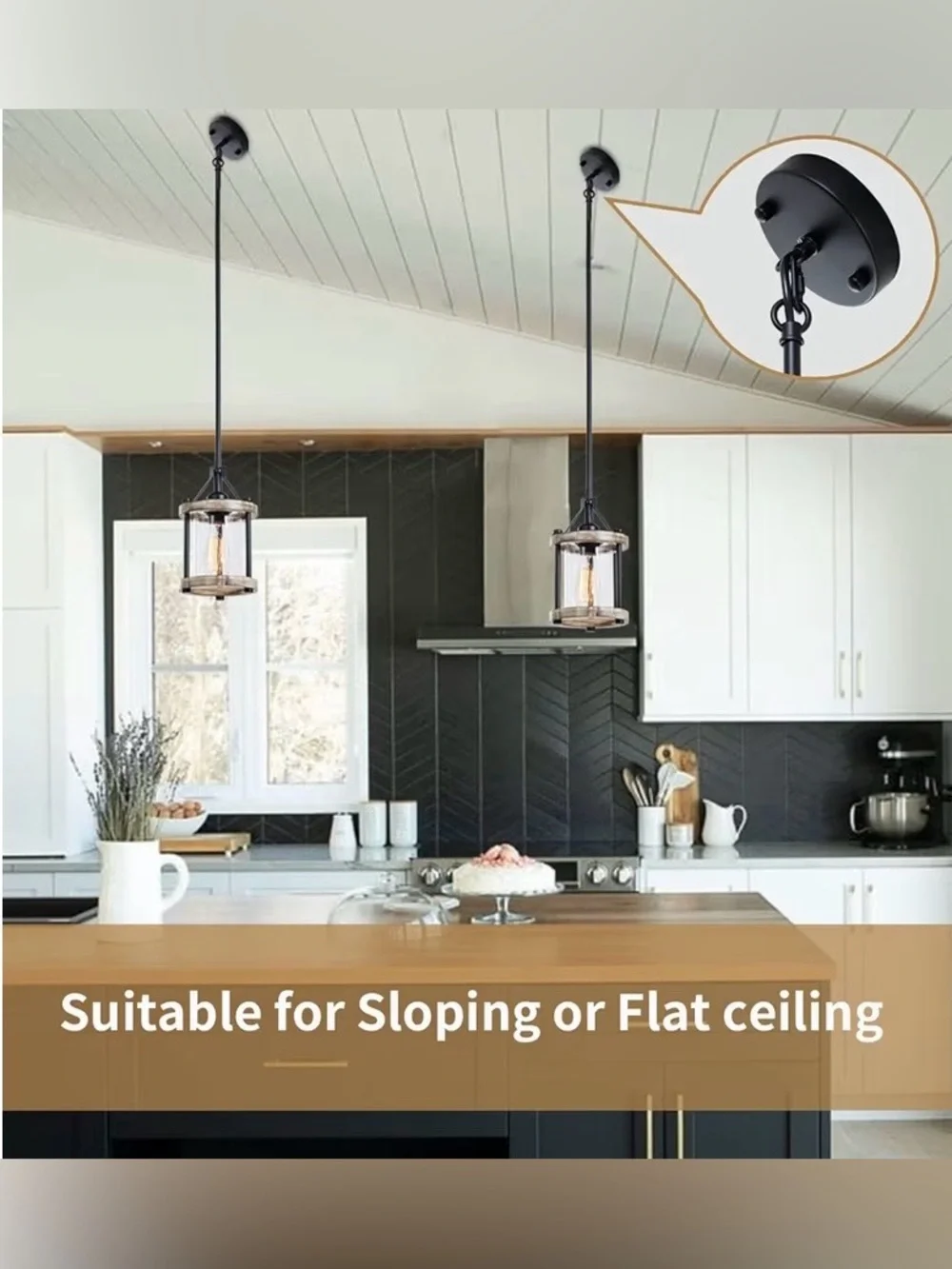 Farmhouse Pendant Light, Rustic White Wood Metal Cage Hanging White-2 pack